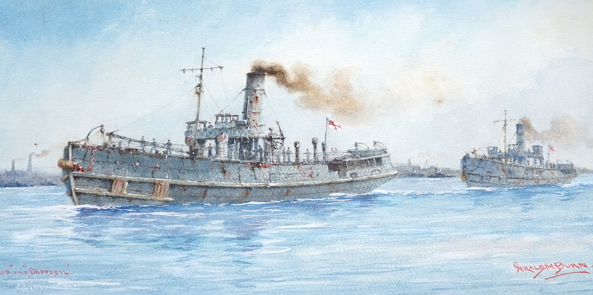 Gerald M Burn (1862-1945), watercolour, 'Iris and Daffodil', tug boats at sea, signed, 22 x 39cm